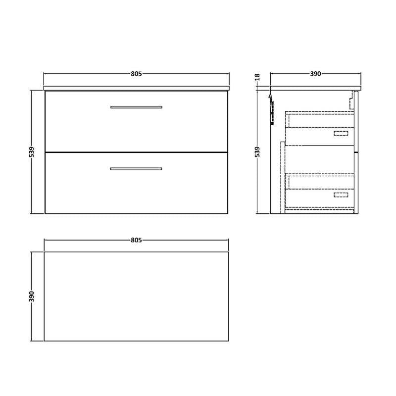 Nuie Arno Wall Hung 2 Drawer Vanity & Worktop (1 size, 9 colours) - Brand New Bathrooms