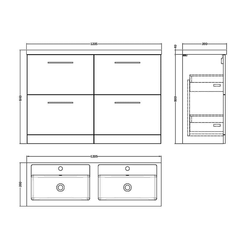 Nuie Arno Floor Standing 4 Drawer Vanity & Double Basin 1 (1 size, 9 colours) - Brand New Bathrooms