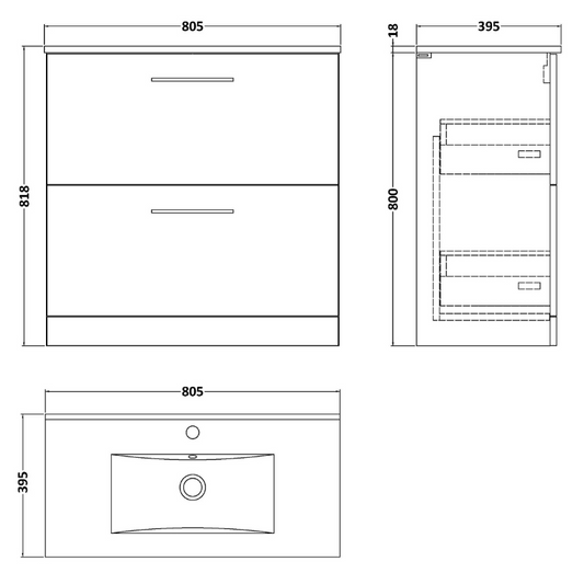Nuie Arno 800mm Floor Standing 2-Drawer Vanity & Minimalist Basin (1 size, Charcoal Black) - Brand New Bathrooms