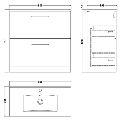 Nuie Arno 800mm Floor Standing 2-Drawer Vanity & Minimalist Basin (1 size, Charcoal Black) - Brand New Bathrooms