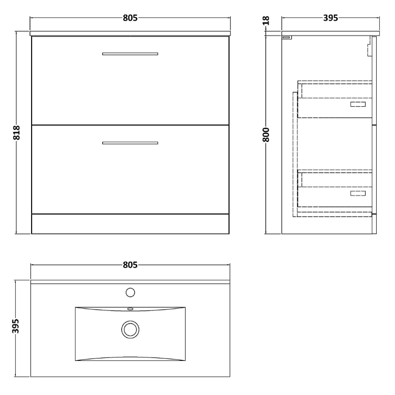 Nuie Arno 800mm Floor Standing 2-Drawer Vanity & Minimalist Basin (1 size, Charcoal Black) - Brand New Bathrooms