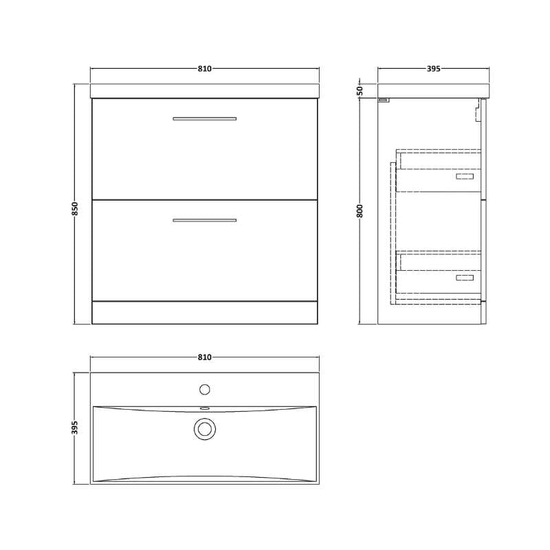 Nuie Arno Floor Standing 2 Drawer Vanity & Basin 3 (1 size, 9 colours) - Brand New Bathrooms