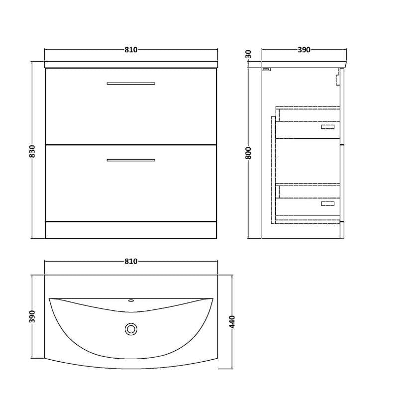 Nuie Arno Floor Standing 2 Drawer Vanity & Basin 4 (1 size, 9 colours) - Brand New Bathrooms