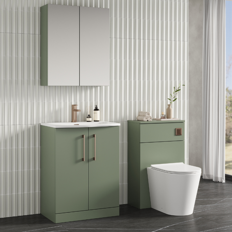 Nuie Arno 600mm Floor Standing 2-Door Vanity & Curved Basin 4 (1 size, Satin Green) - Brand New Bathrooms