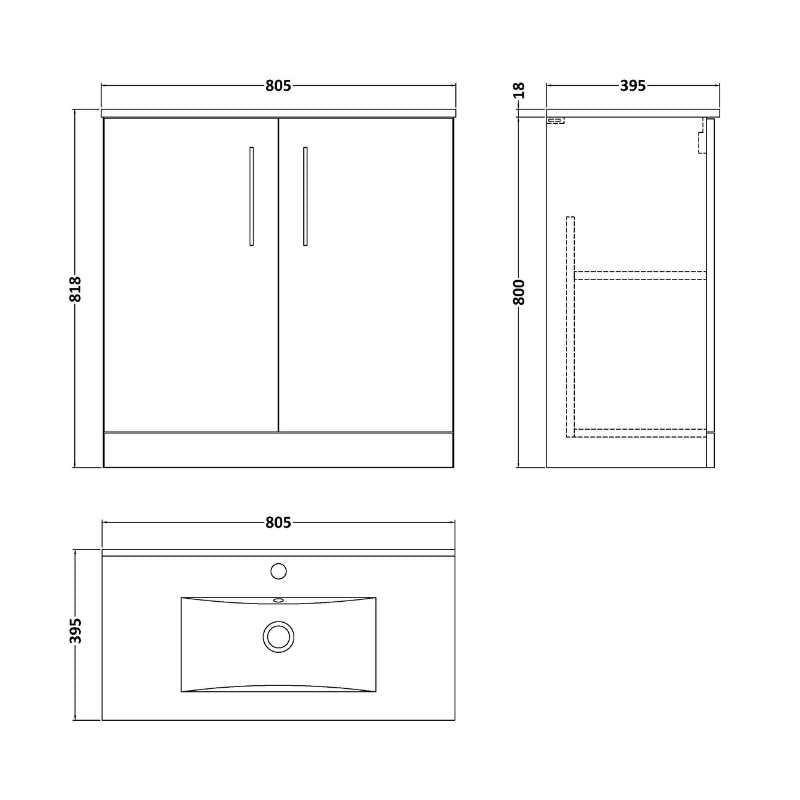 Nuie Arno Floor Standing 2-Door Vanity & Minimalist Basin (1 size, 9 colours) - Brand New Bathrooms