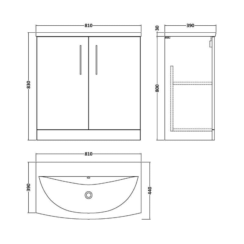 Nuie Arno Floor Standing 2-Door Vanity & Curved Basin (1 size, 9 colours) - Brand New Bathrooms