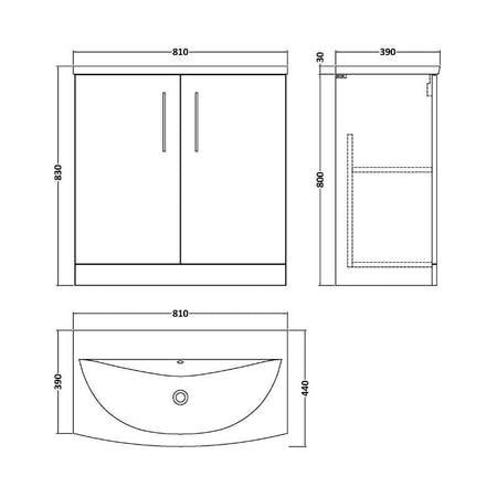 Nuie Arno Floor Standing 2-Door Vanity & Curved Basin (1 size, 9 colours) - Brand New Bathrooms