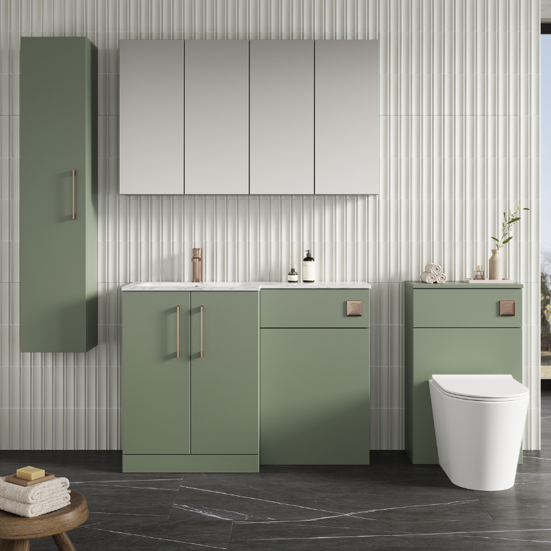 Nuie Arno Floor Standing 1100mm Left Hand Combination Vanity Unit (1 size, 2 style, Satin Green) - Brand New Bathrooms