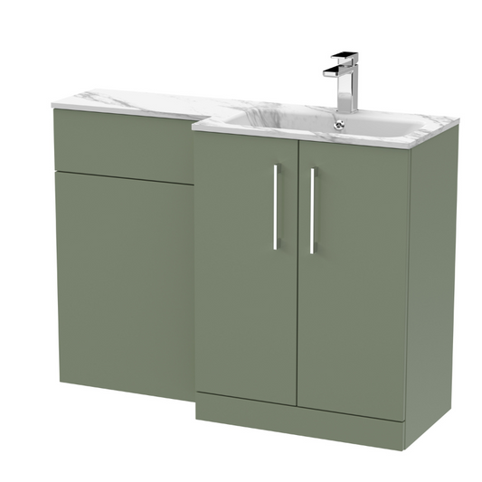 Nuie Arno Floor Standing 1100mm Left Hand Combination Vanity Unit (1 size, 2 style, Satin Green) - Brand New Bathrooms