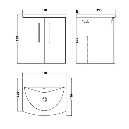 Nuie Arno Wall Hung 2-Door Vanity & Curved Basin (1 size, 9 colours) - Brand New Bathrooms