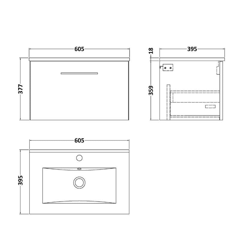 Nuie Arno Wall Hung 1 Drawer Vanity & Basin 2 (1 size, 9 colours) - Brand New Bathrooms