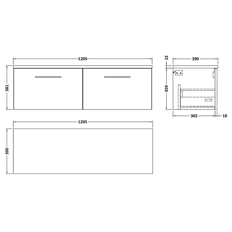 Nuie Arno 1200mm Wall Hung 2-Drawer Vanity & Laminate Worktop (1 size, Satin Green) - Brand New Bathrooms