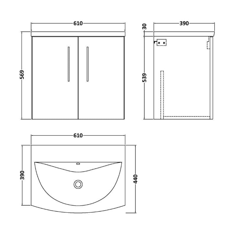 Nuie Arno Wall Hung 2-Door Vanity & Curved Basin (1 size, 8 colours) - Brand New Bathrooms