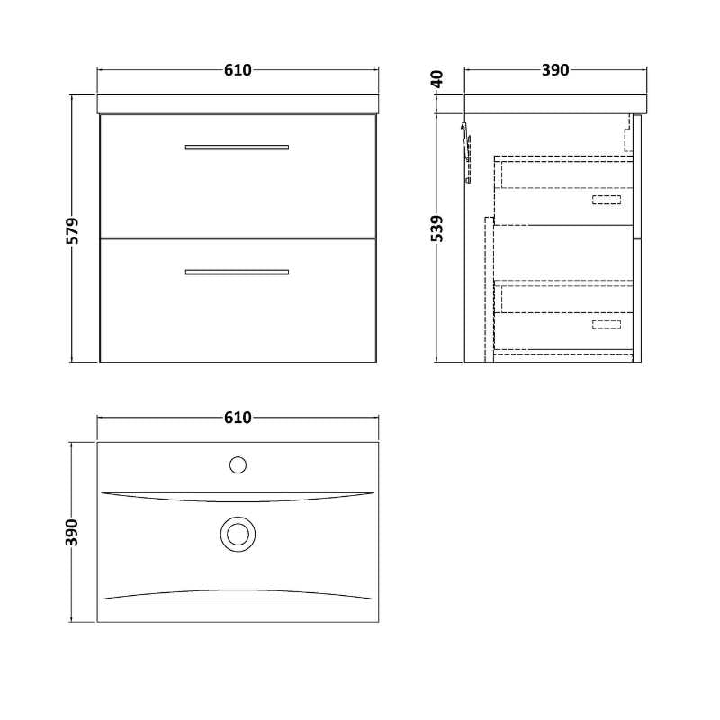 Nuie Arno Wall Hung 2 Drawer Vanity & Basin 1 (1 size, 9 colours) - Brand New Bathrooms