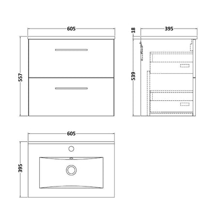 Nuie Arno Wall Hung 2 Drawer Vanity & Basin 2 (1 size, 9 colours) - Brand New Bathrooms