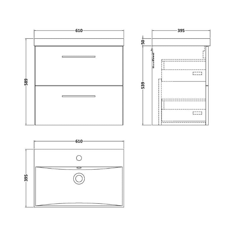 Nuie Arno Wall Hung 2 Drawer Vanity & Basin 3 (1 size, 9 colours) - Brand New Bathrooms