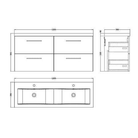 Nuie Arno Wall Hung 4 Drawer Vanity & Double Basin (1 size, 9 colours) - Brand New Bathrooms