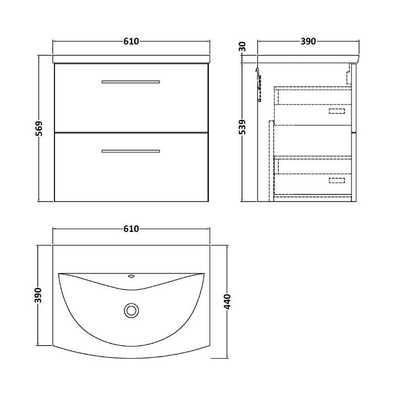 Nuie Arno Wall Hung 2 Drawer Vanity & Basin 4 (1 size, 9 colours) - Brand New Bathrooms