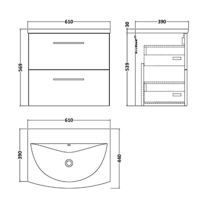 Nuie Arno Wall Hung 2 Drawer Vanity & Basin 4 (1 size, 9 colours) - Brand New Bathrooms