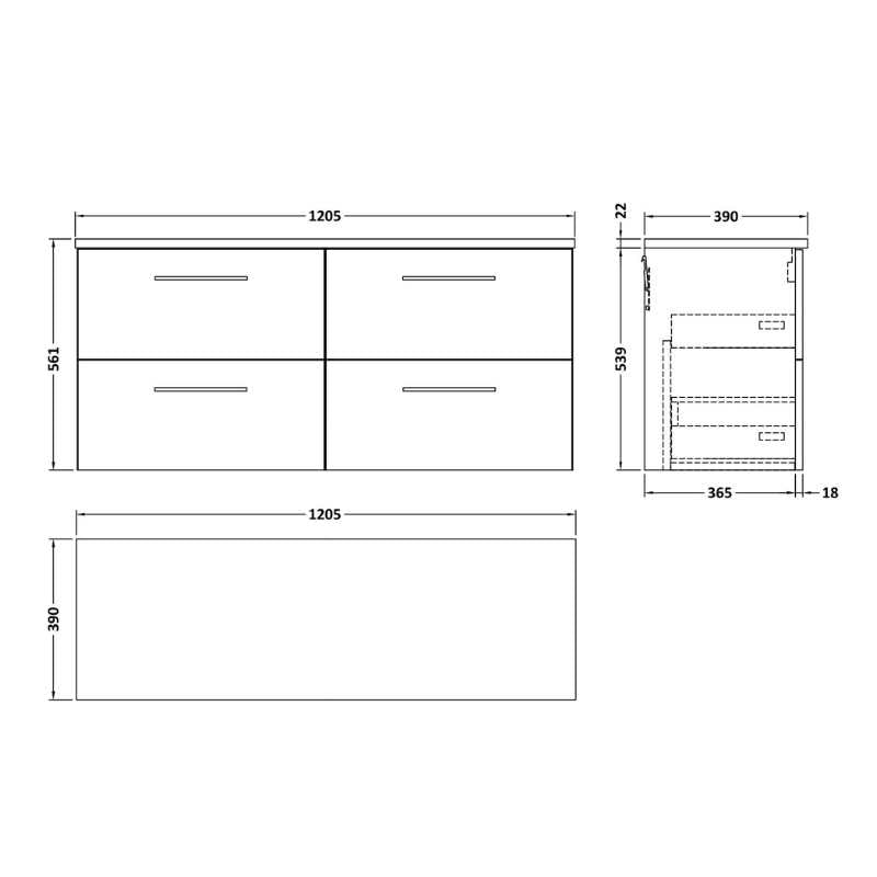 Nuie Arno Wall Hung 4-Drawer Vanity & Laminate Worktop (1 size, 8 colours) - Brand New Bathrooms