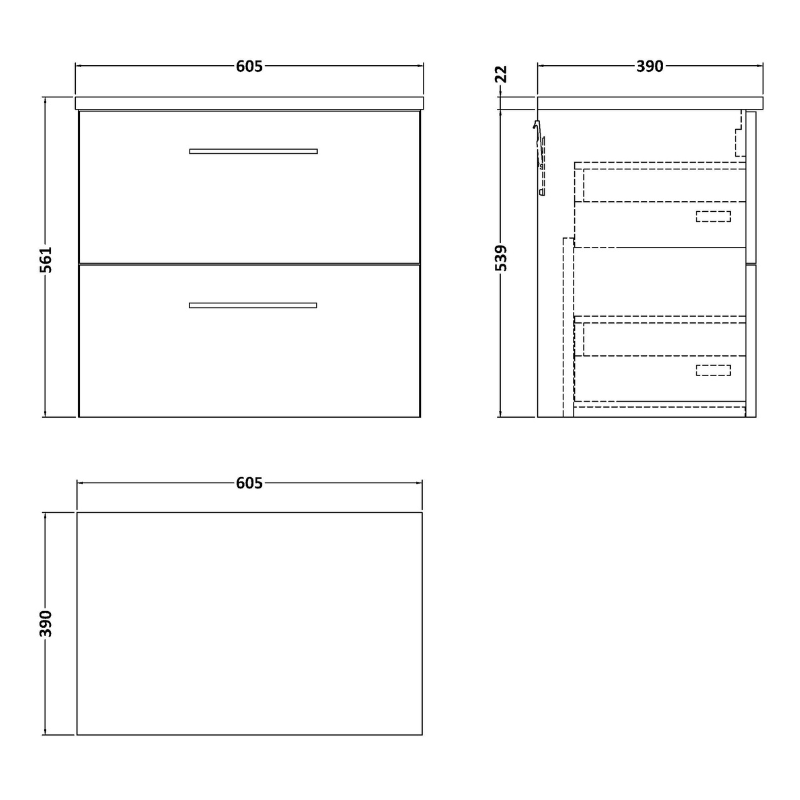 Nuie Arno 600mm Wall Hung 2-Drawer Vanity & Laminate Top (1 size, 4 colours) - Brand New Bathrooms