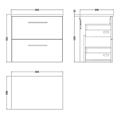 Nuie Arno 600mm Wall Hung 2-Drawer Vanity & Laminate Top (1 size, 4 colours) - Brand New Bathrooms