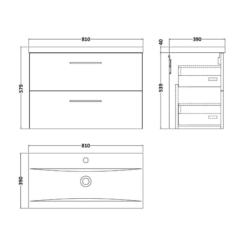 Nuie Arno Wall Hung 2 Drawer Vanity & Basin 1 (1 size, 9 colours) - Brand New Bathrooms