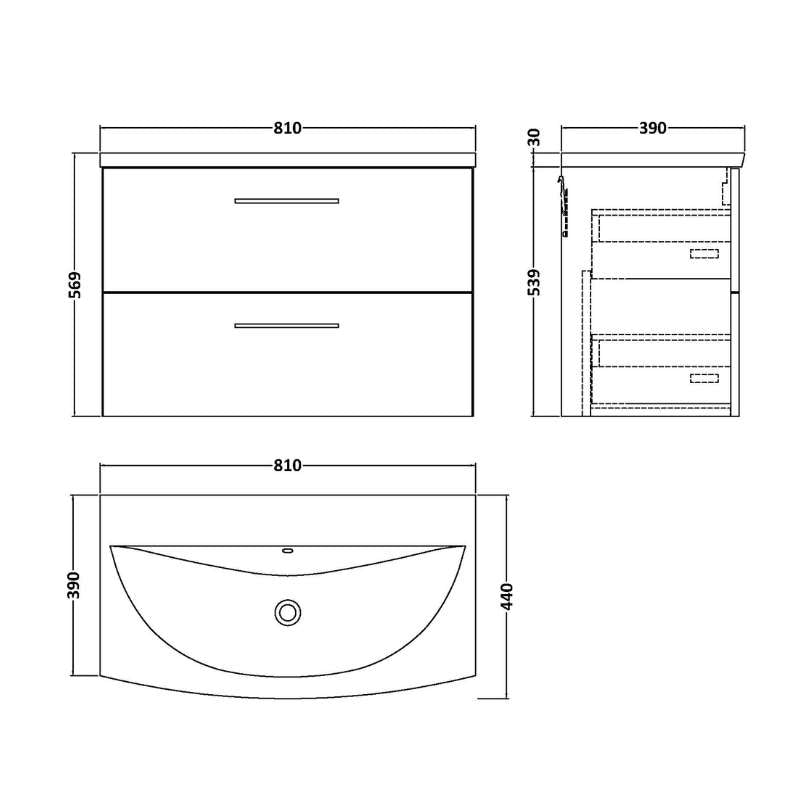 Nuie Arno Wall Hung 2 Drawer Vanity & Basin 4 (1 size, 9 colours) - Brand New Bathrooms