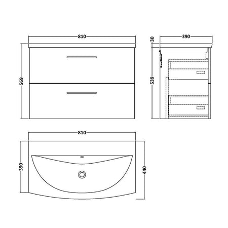 Nuie Arno Wall Hung 2 Drawer Vanity & Basin 4 (1 size, 9 colours) - Brand New Bathrooms