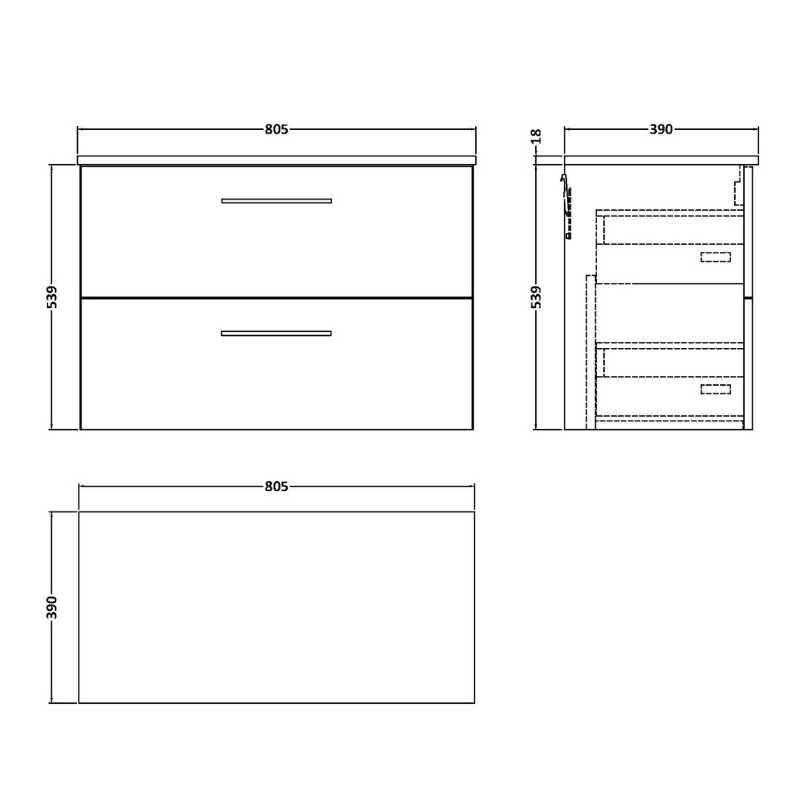 Nuie Arno Wall Hung 2 Drawer Vanity & Worktop (1 size, 9 colours) - Brand New Bathrooms