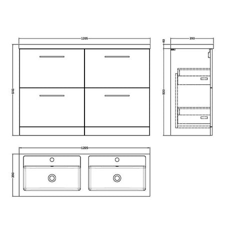 Nuie Arno Floor Standing 4 Drawer Vanity & Double Basin 1 (1 size, 9 colours) - Brand New Bathrooms
