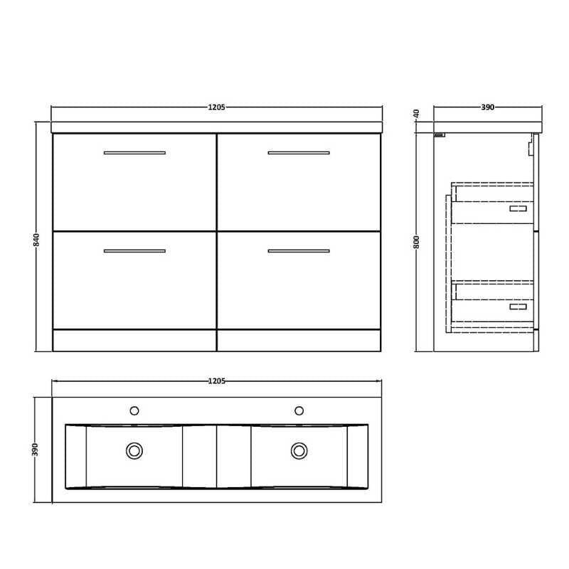 Nuie Arno Floor Standing 4 Drawer Vanity & Double Basin 2 (1 size, 9 colours) - Brand New Bathrooms
