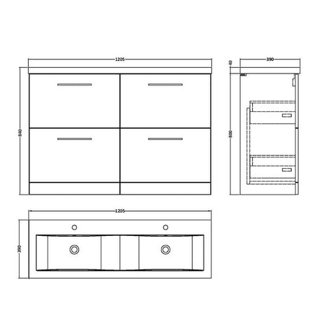Nuie Arno Floor Standing 4 Drawer Vanity & Double Basin 2 (1 size, 9 colours) - Brand New Bathrooms