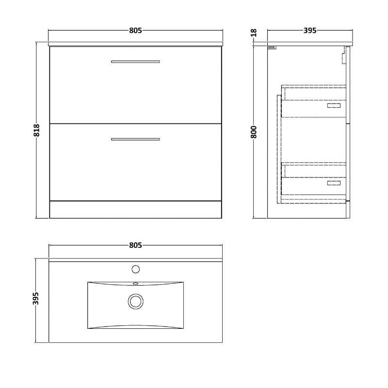 Nuie Arno Floor Standing 2 Drawer Vanity & Basin 2 (1 size, 8 colours) - Brand New Bathrooms