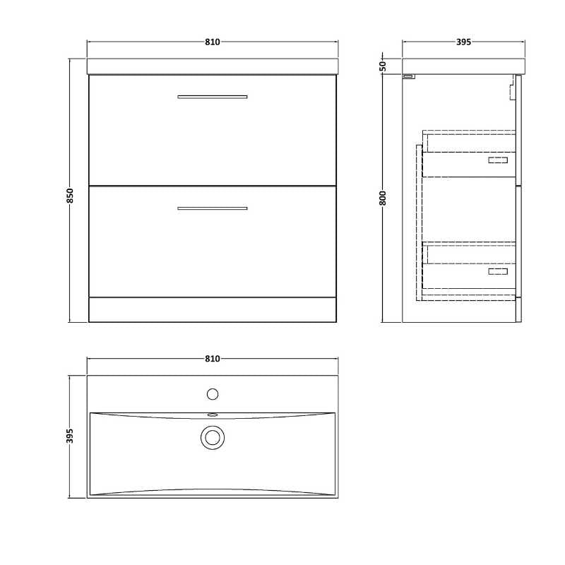 Nuie Arno Floor Standing 2 Drawer Vanity & Basin 3 (1 size, 9 colours) - Brand New Bathrooms