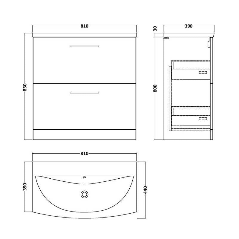 Nuie Arno Floor Standing 2 Drawer Vanity & Basin 4 (1 size, 9 colours) - Brand New Bathrooms