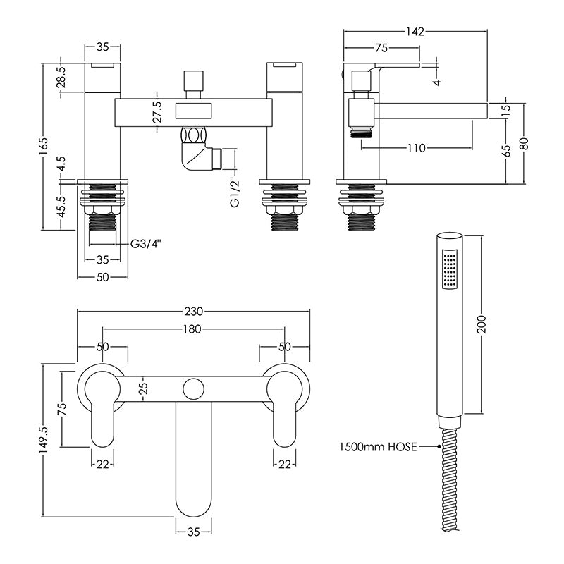Nuie Arvan Deck Mounted Bath & Shower Mixer With Kit (Chrome) - Brandnew Bathroom