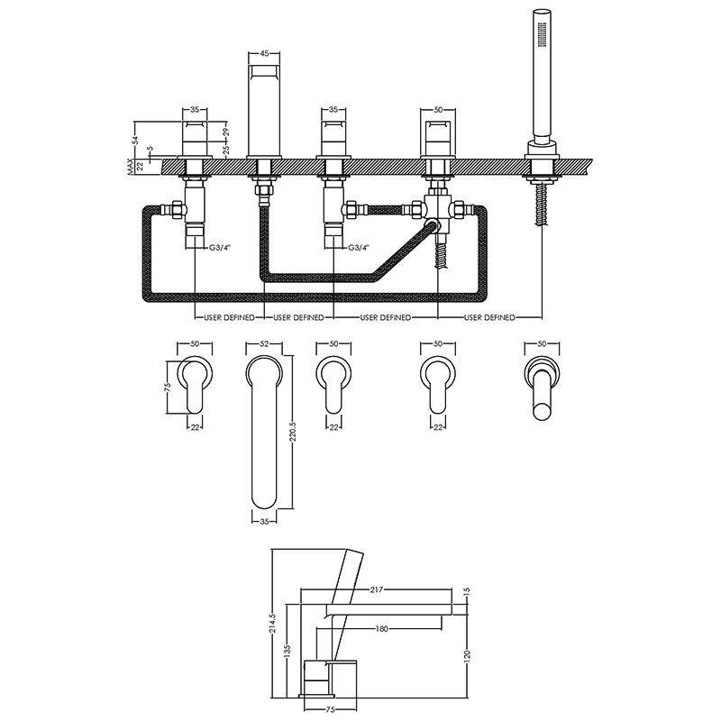 Nuie Arvan Deck Mounted 5 Tap Hole Bath & Shower Mixer (Chrome) - Brandnew Bathroom