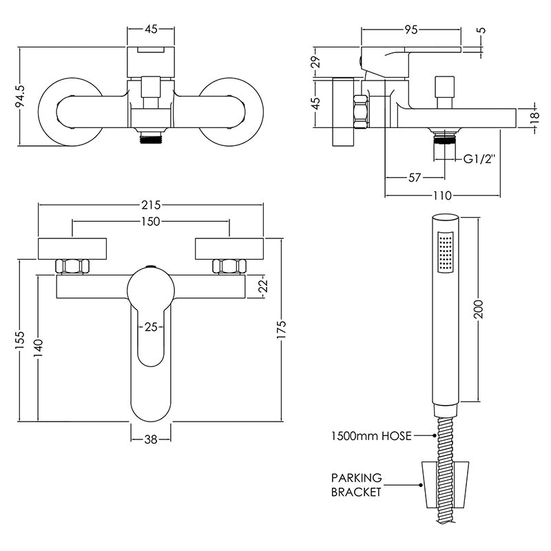 Nuie Arvan Wall Mounted Bath & Shower Mixer With Kit (Chrome) - Brandnew Bathroom