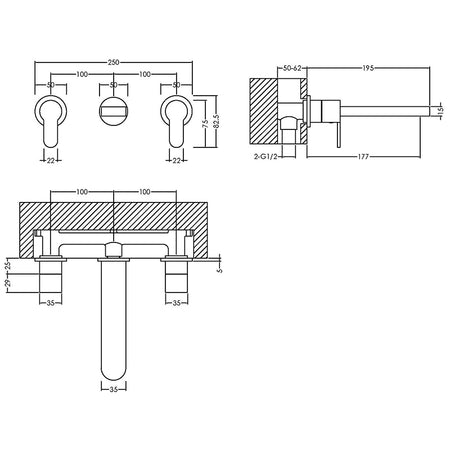 Nuie Arvan Wall Mounted 3 Tap Hole Basin Mixer (Chrome) - Brandnew Bathroom