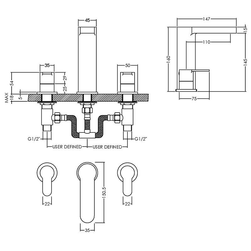 Nuie Arvan Deck Mounted 3 Tap Hole Basin Mixer With Pop Up Waste (Chrome) - Brandnew Bathroom
