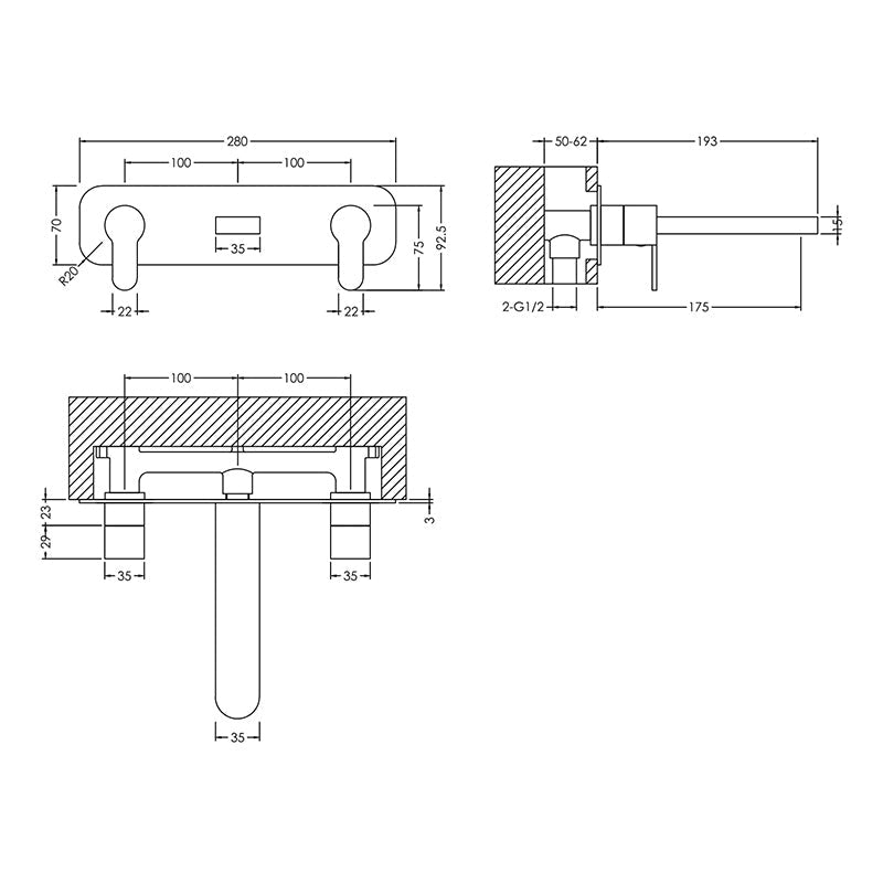 Nuie Arvan Wall Mounted 3 Tap Hole Basin Mixer With Plate (Chrome) - Brandnew Bathroom