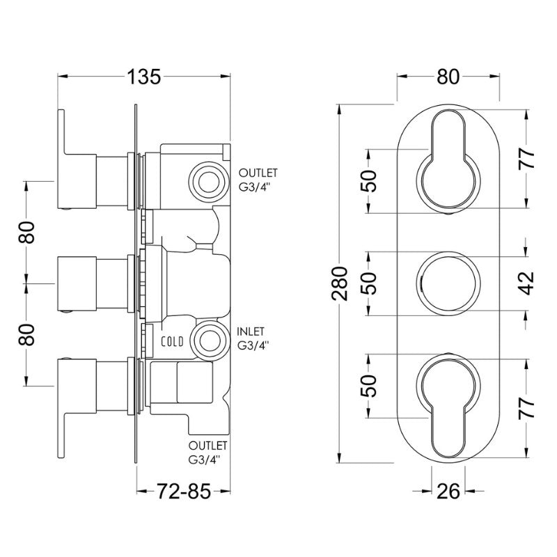 Nuie Arvan Triple Thermostatic Valve With Diverter (2 sizes, 4 colours) - Brand New Bathrooms