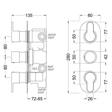 Nuie Arvan Triple Thermostatic Valve With Diverter (2 sizes, 4 colours) - Brand New Bathrooms