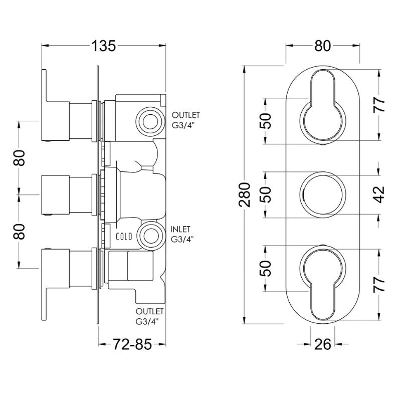 Nuie Arvan Triple Thermostatic Valve With Diverter (2 sizes, 4 colours) - Brand New Bathrooms