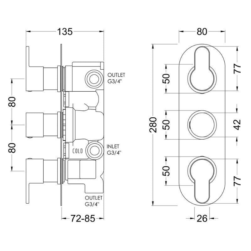 Nuie Arvan Triple Thermostatic Valve With Diverter (2 sizes, 4 colours) - Brand New Bathrooms