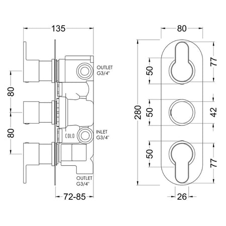 Nuie Arvan Triple Thermostatic Valve With Diverter (2 sizes, 4 colours) - Brand New Bathrooms