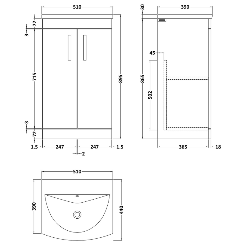 Nuie Athena Floor Standing 2 Door Vanity With Curved 1 Tap Hole Basin (1 size, 3 colours) - Brand New Bathrooms