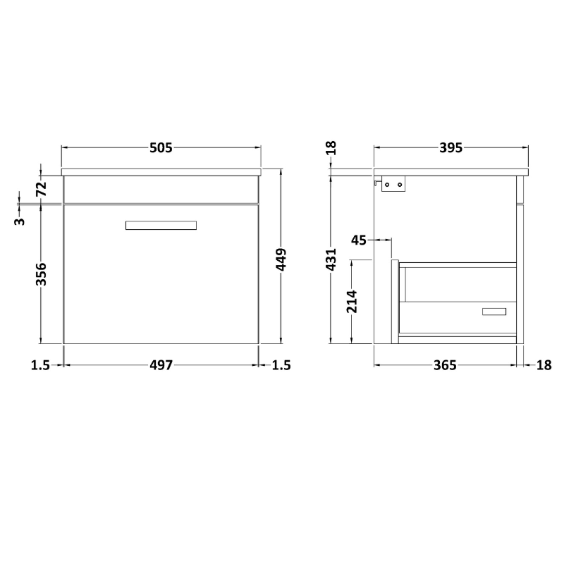 Nuie Athena Wall Hung Single Drawer Vanity With Minimalist 1 Tap Hole Basin (1 size, 3 colours) - Brand New Bathrooms