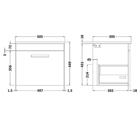 Nuie Athena Wall Hung Single Drawer Vanity With Minimalist 1 Tap Hole Basin (1 size, 3 colours) - Brand New Bathrooms